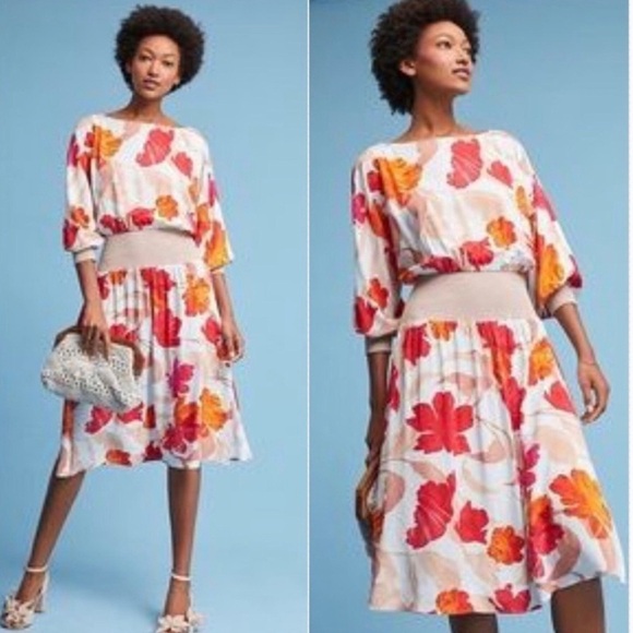 Maeve by Anthropologi boho summer Floral Print Dress with Red and Orange Accents - Picture 1 of 6
